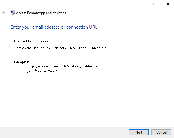 Email address or connection URL Prompt Window